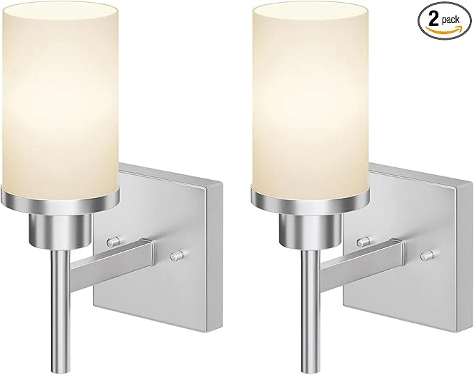 Fashionable Bathroom Light Fixtures Brushed Nickel Vanity Lights with White Frosted Glass Shade Wall Lamp for Mirror Kitchen Bedroom Porch 2 Pack T001BR-L1-P2About ThisOverview Powerful