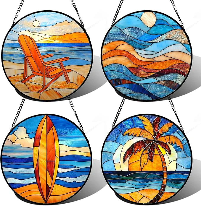 Enhanced Stained Glass Window Hanging 4 Pcs Set Blue Orange Ocean Beach Theme Large 11.8 – Suncatcher Door Garden Sun Catcher Decor Birthday Christmas for Mom Woman Nana Men WifeAbout This Refined