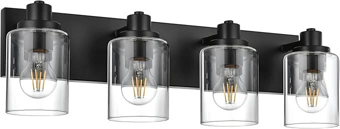 High-Quality 4 Light Bathroom Vanity Lights Bathroom Lighting Fixtures over Mirror with Clear Glass Shades Black Vanity Light For Bathoom Modern Wall Sconces Vanity Lighting Fixture for Bathroom HallwayAbout ThisOverview Luxury