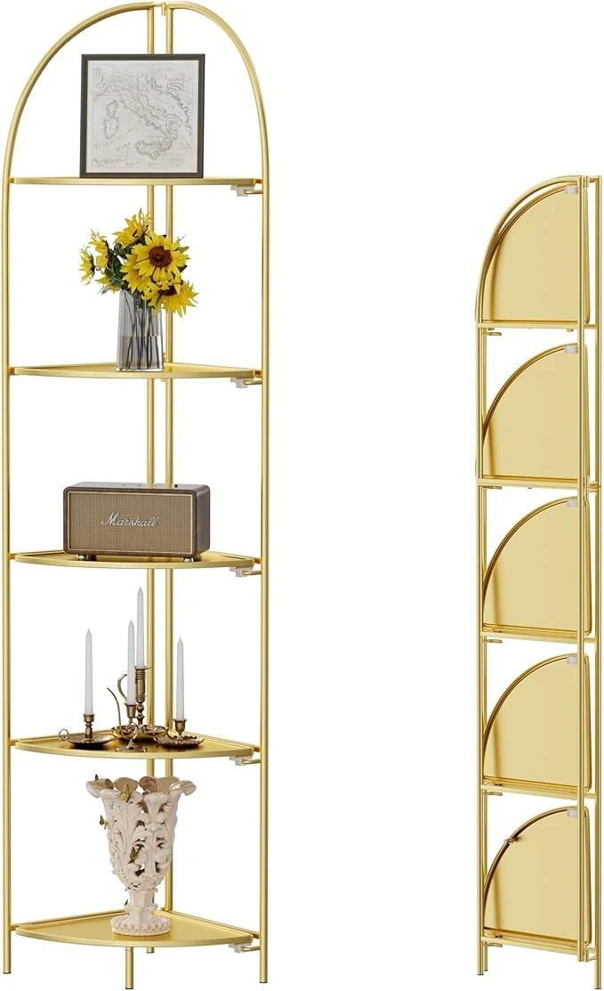 Selected Crofy Foldable 5 Tier Corner Shelf Metal Corner Plant Stand with Gold Frame and Gold Shelves Corner Display Rack Multipurpose Shelving Unit for Living Room Bedroom BathroomAbout ThisOverview Functional