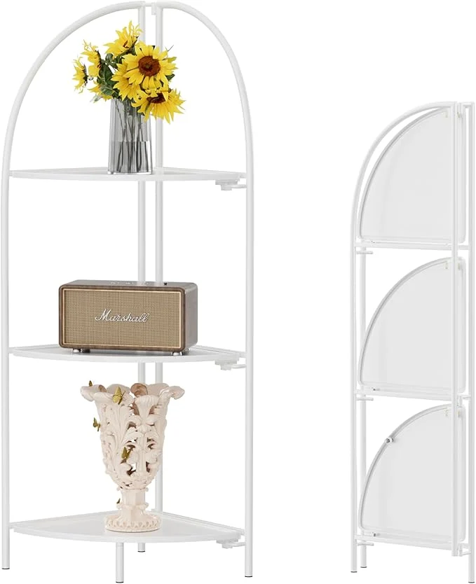 First-Class Crofy Foldable 3 Tier Corner Shelf Metal Corner Plant Stand with White Frame and White Shelves Corner Display Rack Multipurpose Shelving Unit for Living Room Bedroom BathroomAbout ThisOverview Breathable