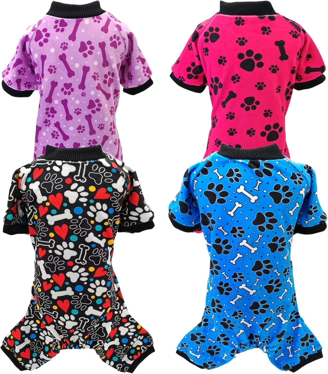 Natural PET SHOW 4 Pack Small Dog Pajamas Paw Bone Patterns Cute Clothes for Medium Dogs Soft Fleece Stretchy PJs 4 Legged Jumpsuit Puppy Cats Onesies Outfits with Sleeve Dachshund Doggies Girl Boy XX-Large Flexible