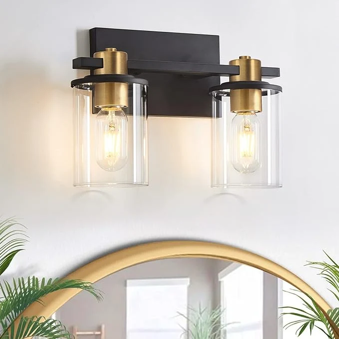Premium Material stambord 2 Light Bathroom Vanity Light Black and Gold Bathroom Light Fixtures Sconces Wall Lighting with Glass Shade Modern Farmhouse Vanity Lighting fixtures for Bathroom Bedroom HallwayAbout ThisOverview Expertly Made