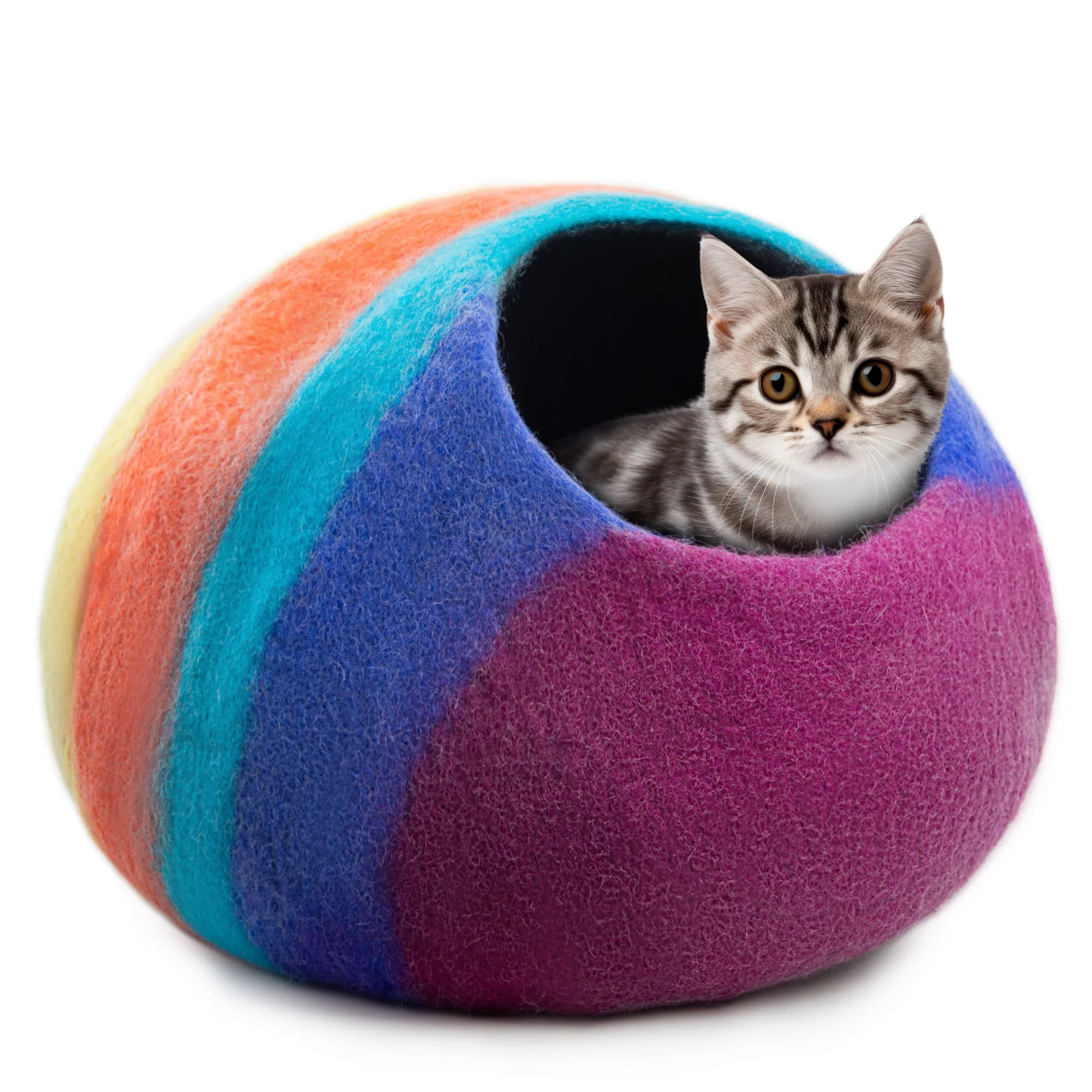 Practical Woolygon Premium Felt Cat Cave Bed – Handcrafted Merino Wool Indoor Cat Hideaway Rainbow Twist Effective
