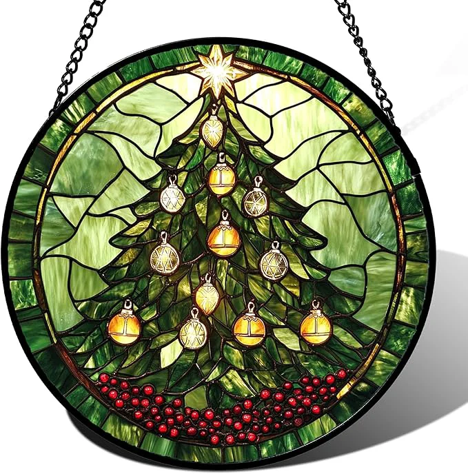 Comfortable Stained Glass Window Hanging – Green Christmas Tree Golden Bells Suncatcher for Doors Home Christmas Decoration Sun Catcher Thanksgiving New Year Birthday Gift for Women Men Mom Nana 11.8 inAbout This Secure