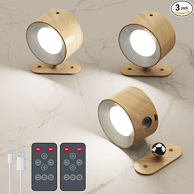 Safe 3Pack Battery Operated Wall Sconce 3 Color Modes 3 Brightness Levels 360°Rotation Lighting Timer Touch Remote Control Wall Mounted Lamp LED Wall Lights for Bedroom Reading Bedside Wood About ThisOverview Healthy