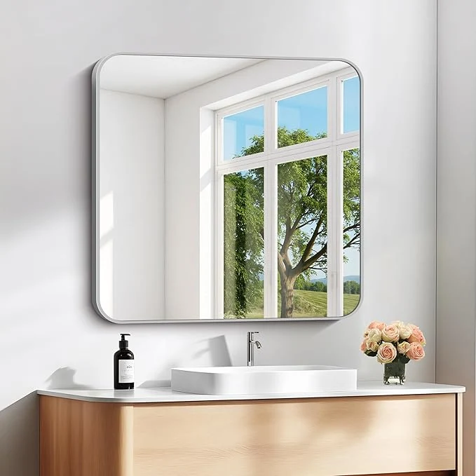 Exceptional 30 x 30 Bathroom Mirror Silver Wall Mirror with Metal Frame Decorative Rectangular Vanity Mirror for Bedroom Bathroom Living Room Entryway Horizontal Vertical About ThisOverview Safe