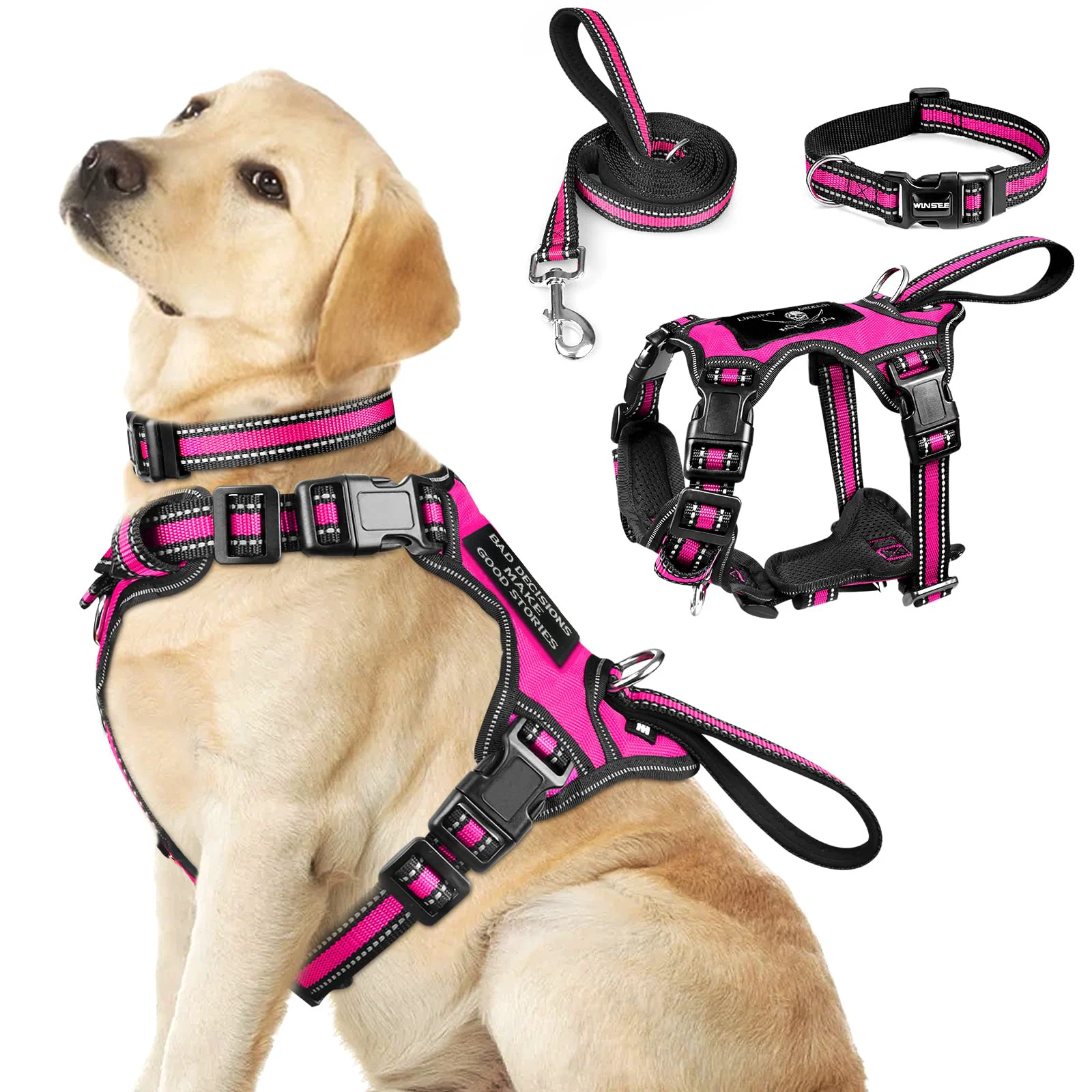 Versatile WINSEE Pet Harness Collar Leash Set Large Rosy – Reflective No-Pull 3-in-1 for Dogs High-End