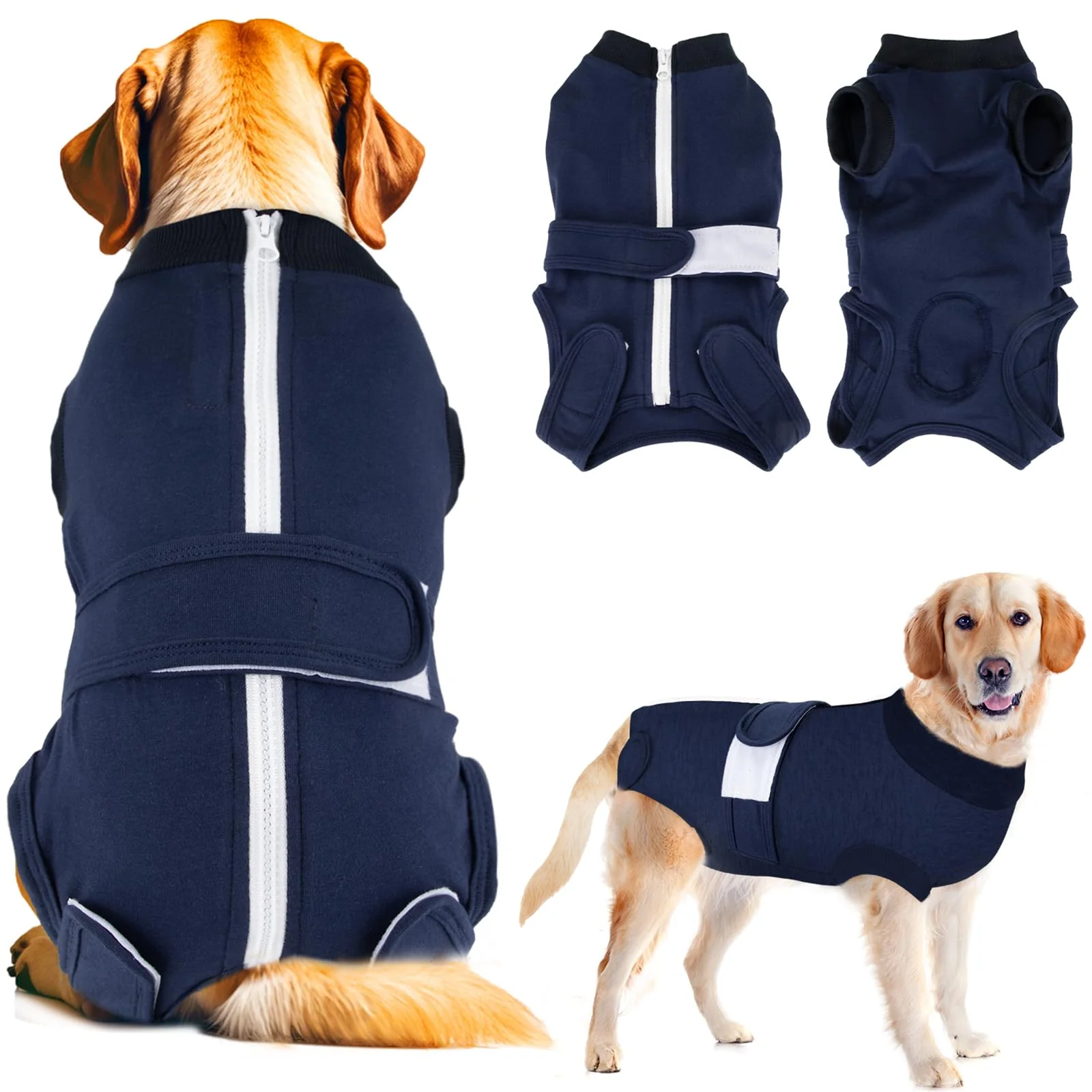 Secure SlowTon Dog Surgery Recovery Suit – Back-Zipper Post-Op Onesie Dark Blue L Outstanding