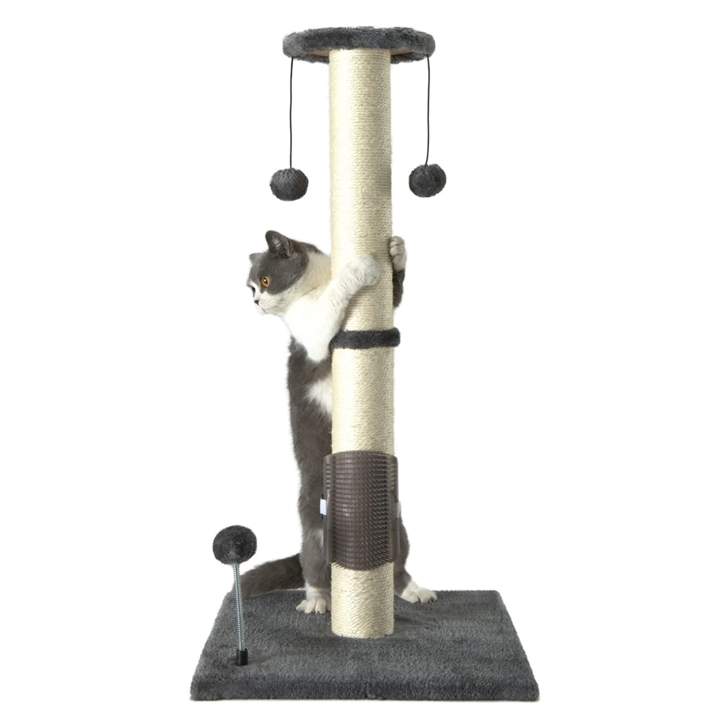 Organic PEEKAB 32in Tall Cat Scratching Post — Sisal Post with Hanging Ball Self-Massage Brush Gray Artisan