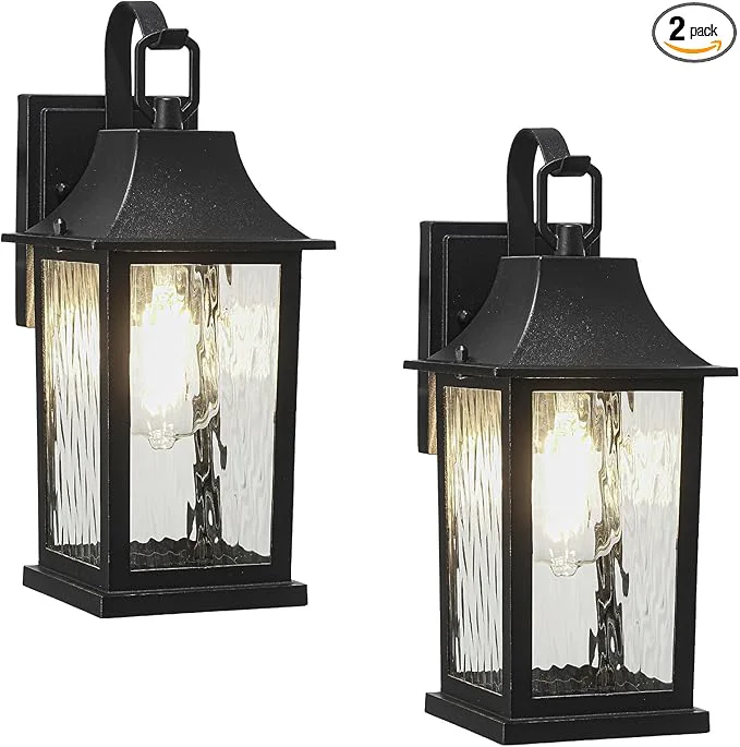 Pure 2-Pack Porch Light Fixture，Matte Black Outdoor Wall Sconce Light – 13 Rustproof Aluminum Exterior Lighting with Water Pattern Glass for Patio Yard House Hallway Doorway GarageAbout ThisOverview Flexible
