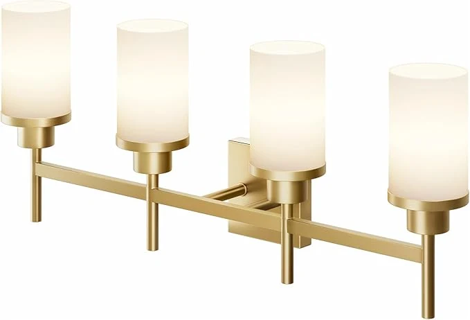 Expertly Made Wall Light Fixtures 4-Light Over Mirror Gold Vanity Lights with White Frosted Glass Shade Wall Sconces for Bathroom Washroom Kitchen T001GD-L4About ThisOverview First-Class