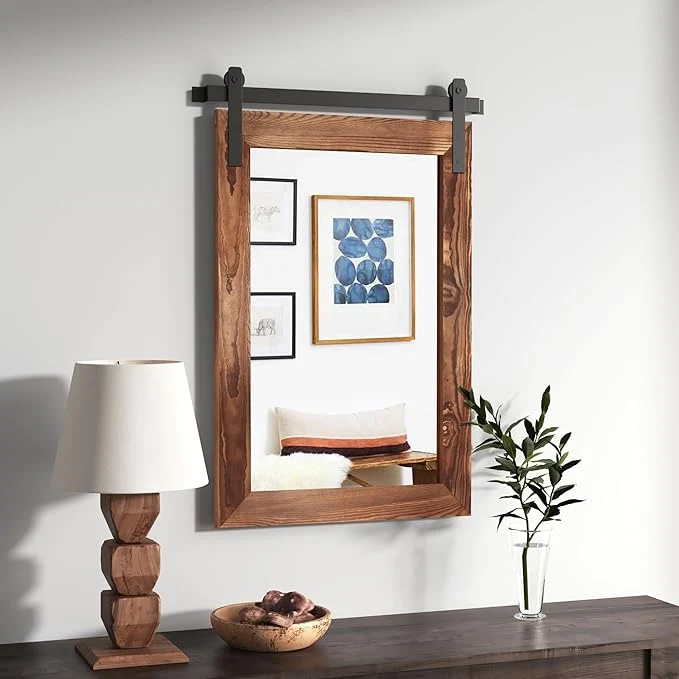 Environmentally Friendly COGOOD Farmhouse Barn Door Wall Mirror – 25 X 38 Rustic Wood Framed Mirror for Bathroom Living Room Entryway Wall Decorative Brown About ThisOverview Fine