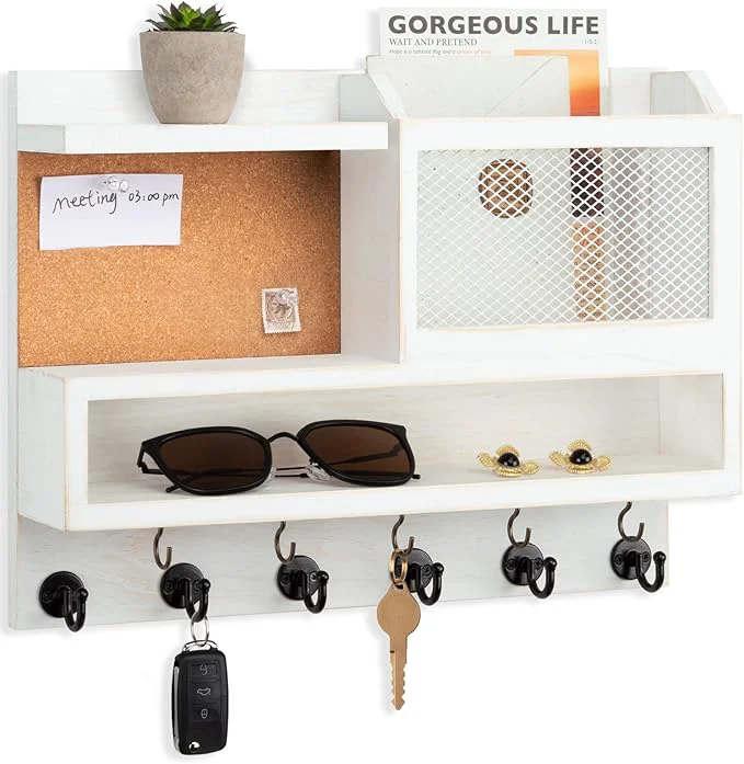 Original Key Holder for Wall with Mail Organizer Farmhouse Mail and Key Holder for Wall Key Hanger with ‌Metal 11 Hooks Corkboard and Shelf Decorative Natural Pine Wood Entryway Organizer 14.6 11.1 3.3 WhiteAbout ThisOverview Safe