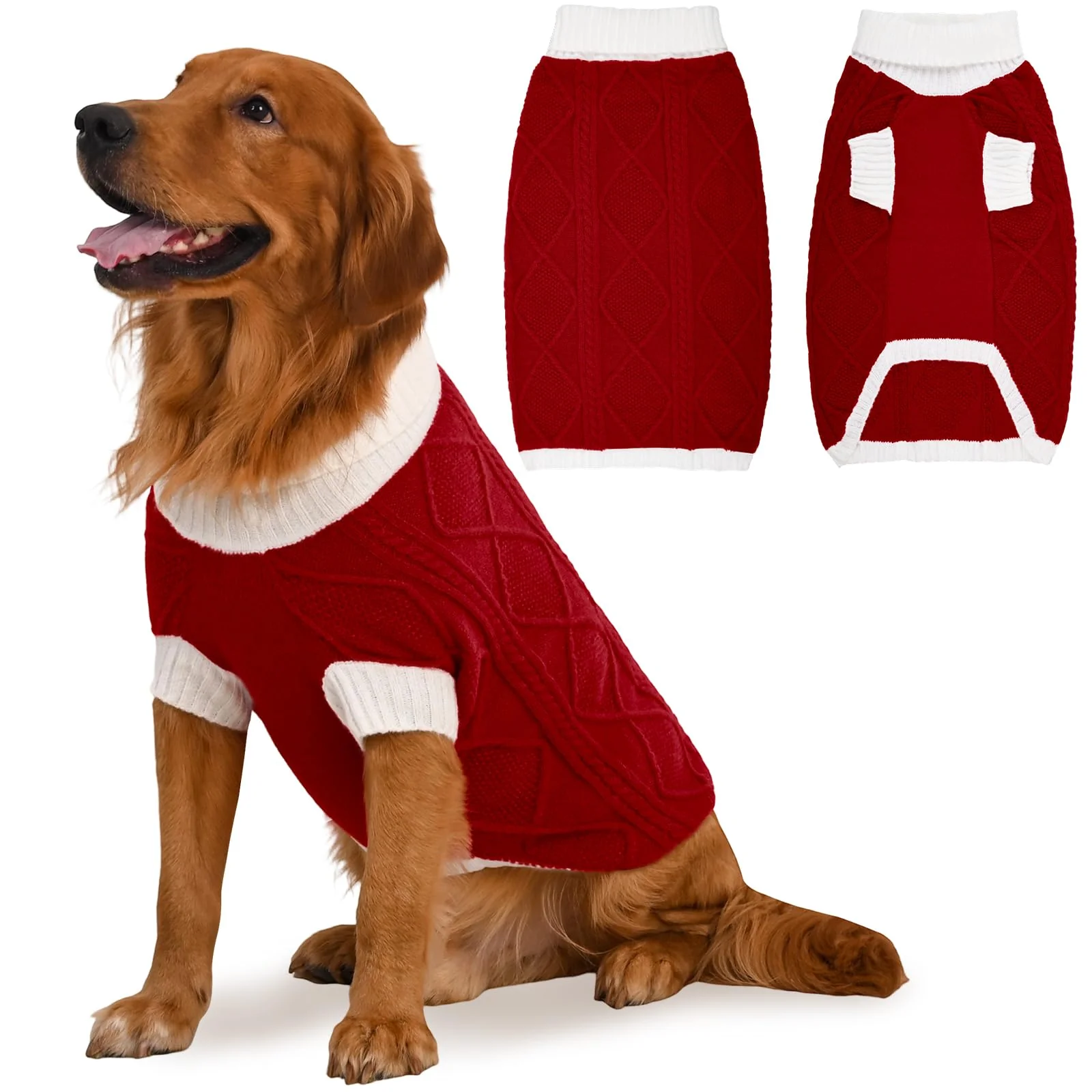 Long-Lasting Lorehelina Dog Sweater for Large Dogs Argyle Cable Knit Turtleneck Pullover Winter Clothes for Boys Girls Stretch Golden Retriever Bulldog Pitbull Labrador Doberman Christmas Pet XXL Red Traditional