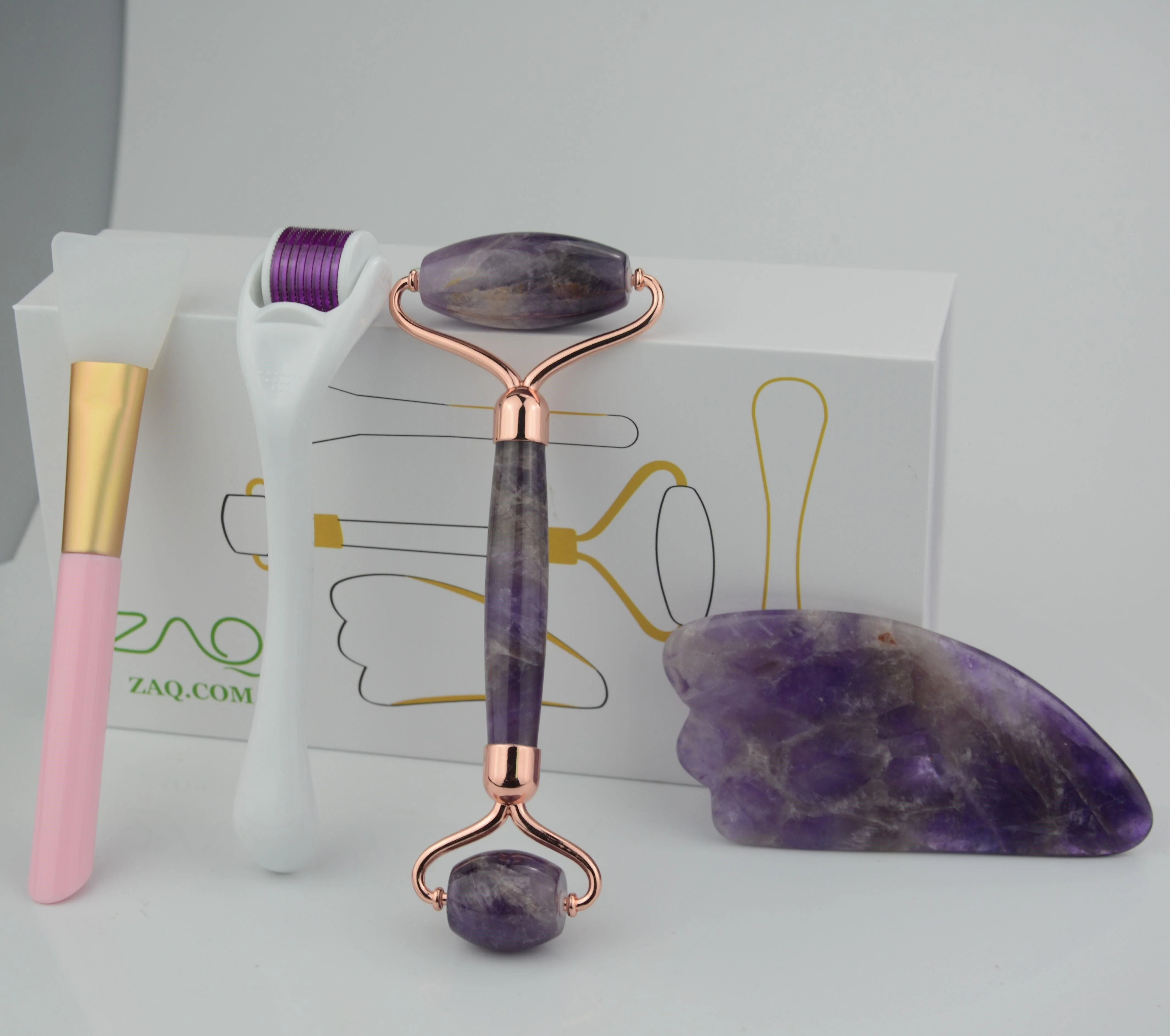 Natural Ensemble rouleau facial en améthyste Gua Sha brosse et DERMA ROLLER Reliable