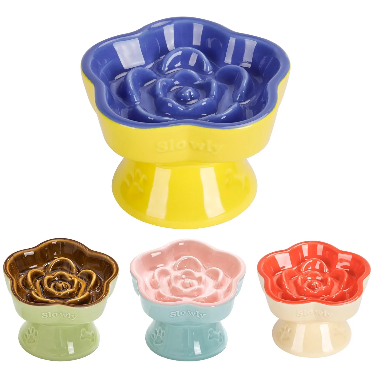 Dependable Raised Slow Feeder Cat Bowl by S Q’S CERAMICS d Flower-Shaped Ceramic Bowl for Dry Wet Food Blue 5.8in Consistent