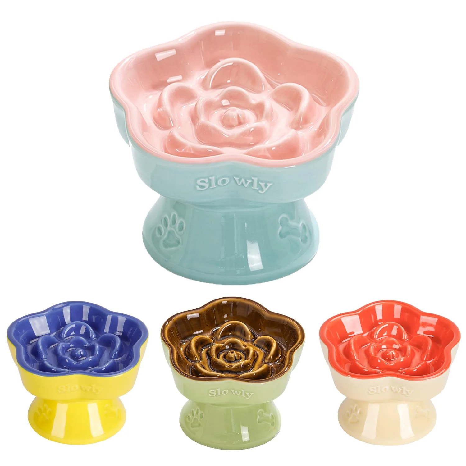 Quality S Q’S CERAMICS Raised Slow Feeder Cat Bowl – Ceramic d Flower-Shaped Dish for Cats Small Dogs Pink 5.8 Safe