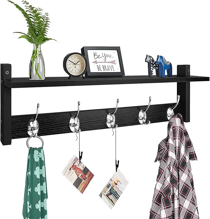 Casual Homode Coat Rack Wall Mount with Shelf 24 Long Entryway Shelf with Hooks Underneath Wooden Coat Hanger for Hanging Hats Bathroom Towels Clothes BlackAbout ThisOverview Lightweight