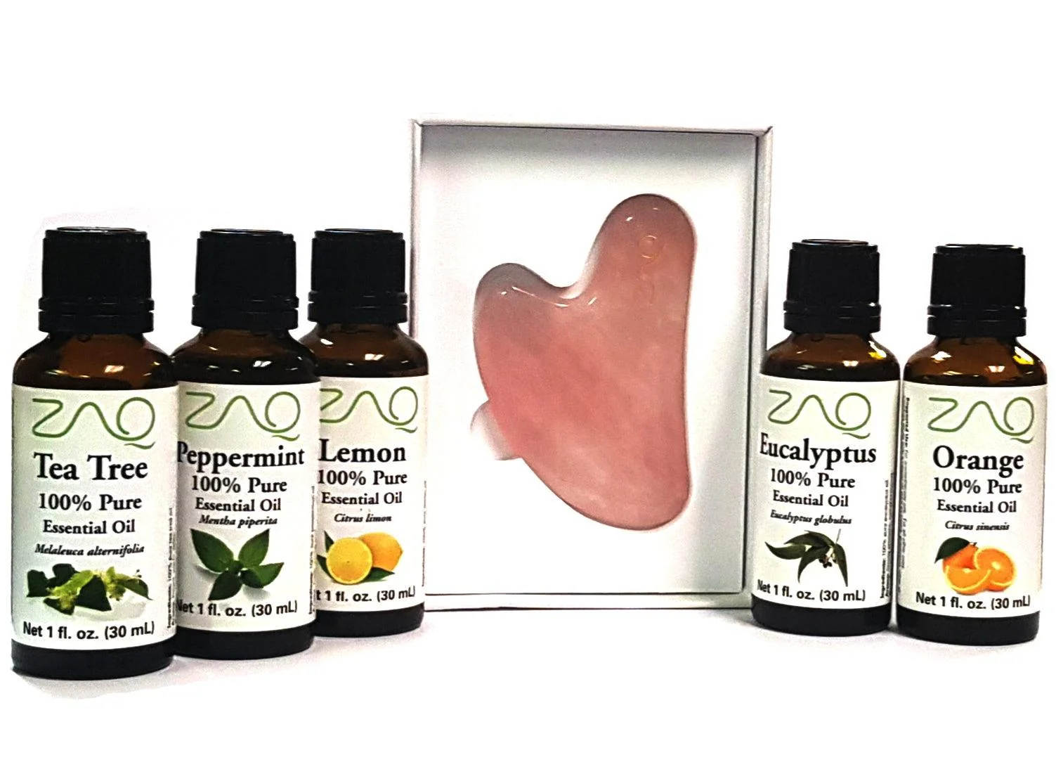 Smart ENSEMBLE DE 6 PIÈCES – PLANCHE GUA SHA EN QUARTZ ROSE HUILES ESSENTIELLES 100 PURES EUCALYPTUS ORANGE ARBRE À THÉ MENTHE POIVRÉE CITRON Secure