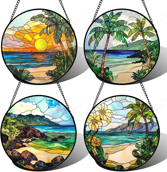 Convenient Stained Glass Window Hanging 4 Pcs Set Blue Ocean Coconut Tree Scenery Large 11.8 – Suncatcher Door Garden Sun Catcher Decor Birthday Christmas for Mom Woman Nana MenAbout This Dependable