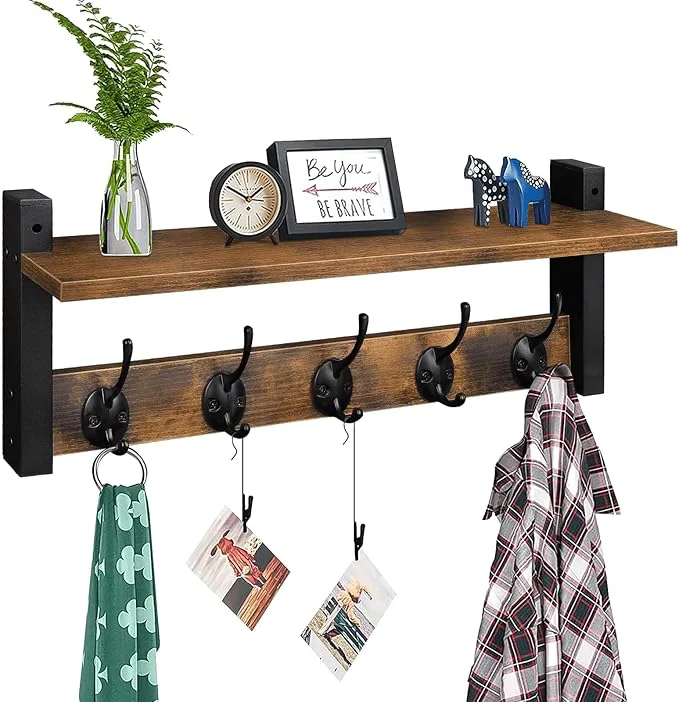 Relaxed Homode Wall Hooks with Shelf Wood Coat Rack with Shelf Wall-Mounted Entryway Hanging Shelves with 5 Metal Hooks for Clothes Hats Towel Purse Robes Bathroom Mudroom Bedroom Rustic Brown BlackAbout ThisOverview Unique