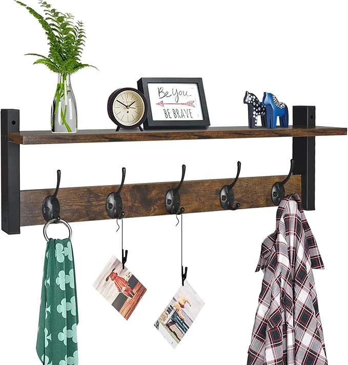 Safe Homode Coat Rack with Wall Mount 24 Inch Long Entryway Wall Shelf with Hooks Wood Hanger with Storage Shelf for Bathroom Hallway Rustic Brown BlackAbout ThisOverview Stylish