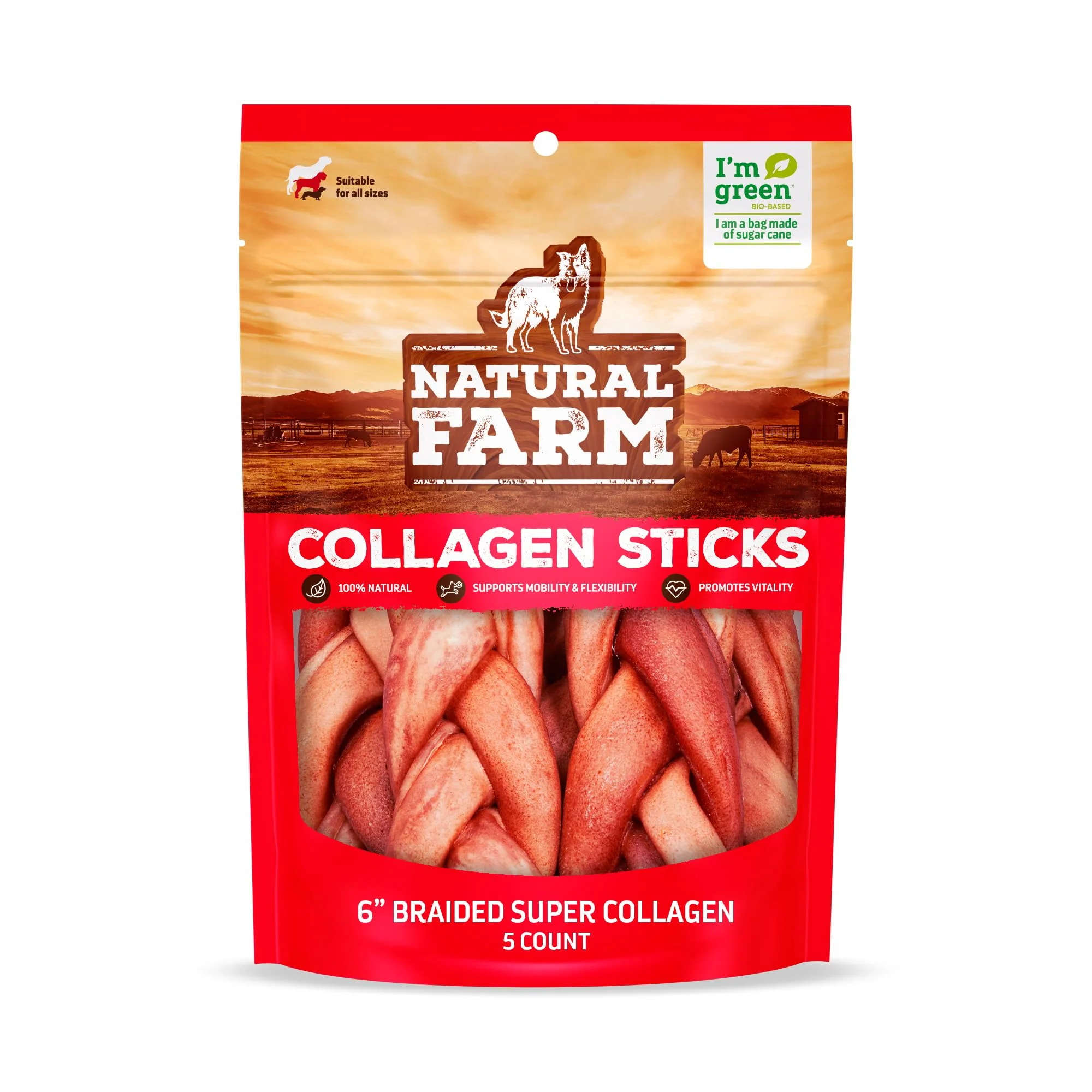 Selected Natural Farm Odor- Braided Collagen Dog Chews 6-Inch 5-Pack — Bull Sticks Responsible