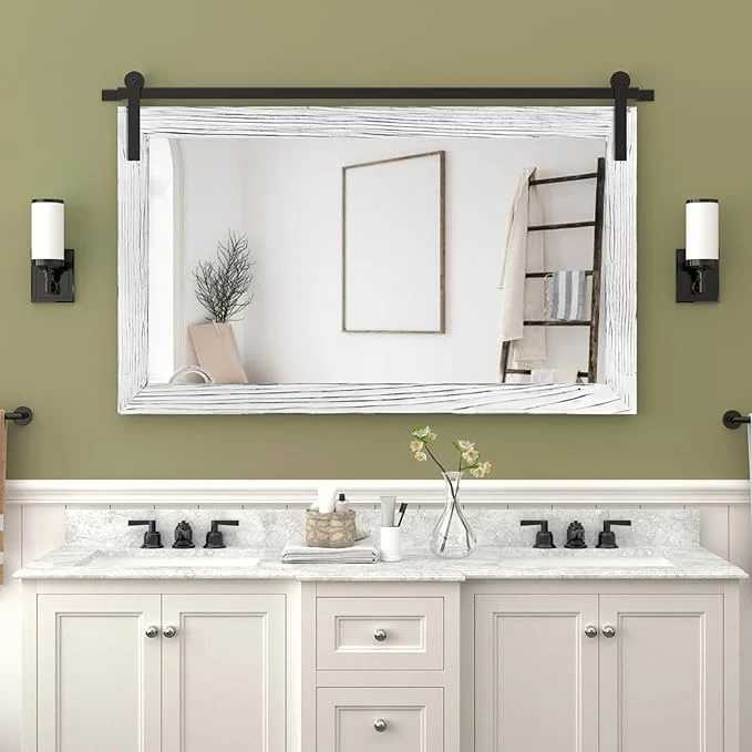 Functional COGOOD Farmhouse Bathroom Mirror – 41 x 30 Rustic Barn Door Mirror for Living Room Entryway Bedroom Vanity Wall Decor White About ThisOverview Eco-Friendly