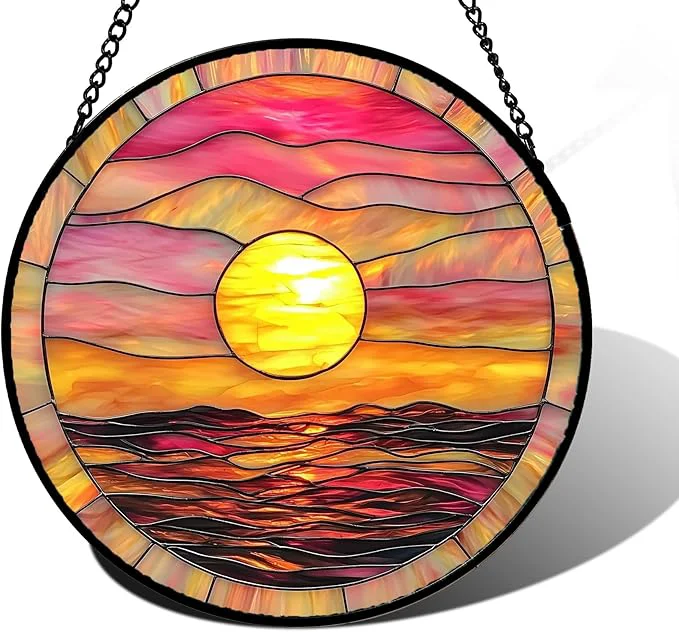 Casual Stained Glass Window Hanging Sunrise Sea Surface Sun Catchers Diamond Glass Panel Hangings Abstract Suncatcher Decor for Birthday for Women Men Wife Aunt and Mom 11.8 inAbout This Breathable