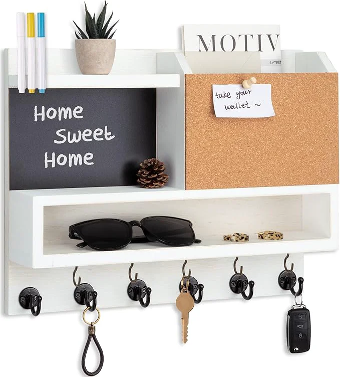 Recyclable Key Holder for Wall Mount with Mail Organizer Farmhouse Key Holder for Wall with Shelf Chalkboard Corkboard Entryway Organizer 11 Metal Hooks Decorative Natural Pine Wood 14.6 11.1 3.3 B-WhiteAbout ThisOverview Proven