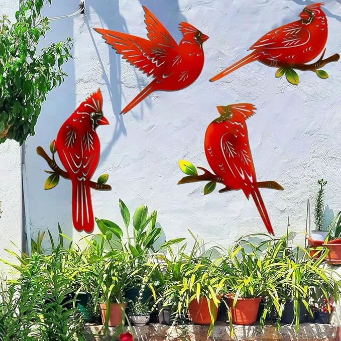 Superior 4 Pack Metal Cardinal Wall Art Decor Metal Birds 3D Outdoor Sculpture Ornaments Hand-Made Nimble red Bird Gifts for Mom Birthday Gifts for Grandma WifeAbout This Environmentally Friendly