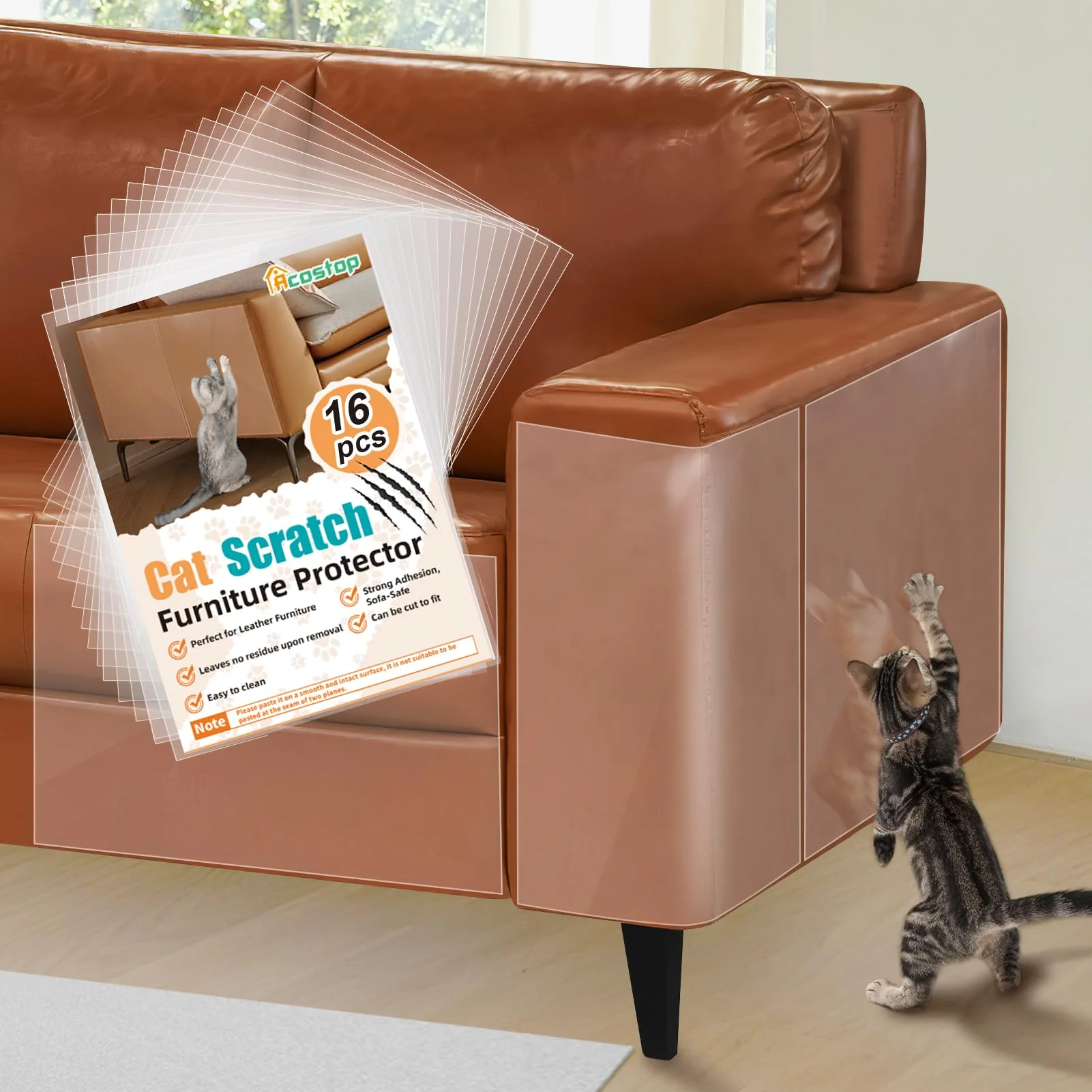 Authentic Acostop Cat Scratch Furniture Protector for Leather – 16 Pack Adhesive-Back Clear Minimalist