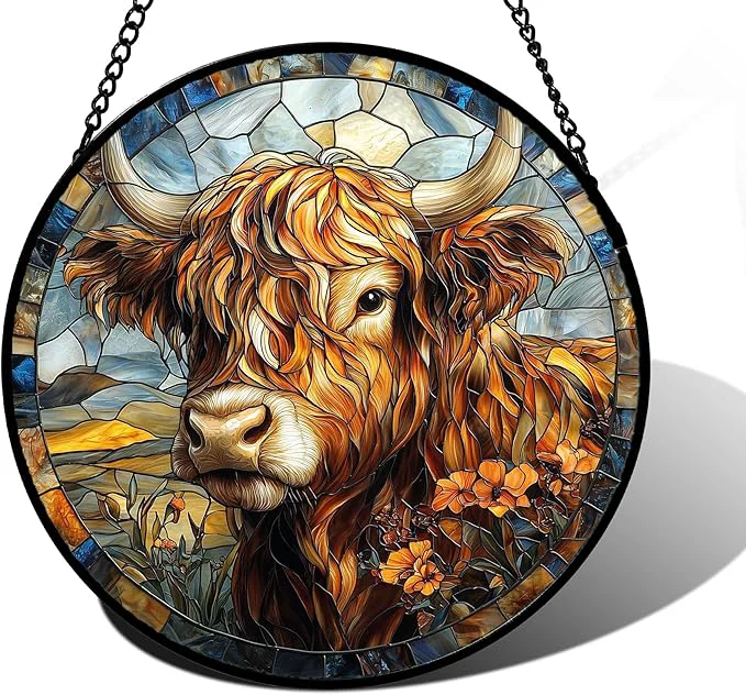 Sustainable Stained Glass Window Hanging – Funny Cow Flower Suncatcher Ready to Hang Window Doors Home Decoration and Christmas Mother’s Day Birthday Gifts for Women Men and Mom 7.8×7.8 inAbout This Green