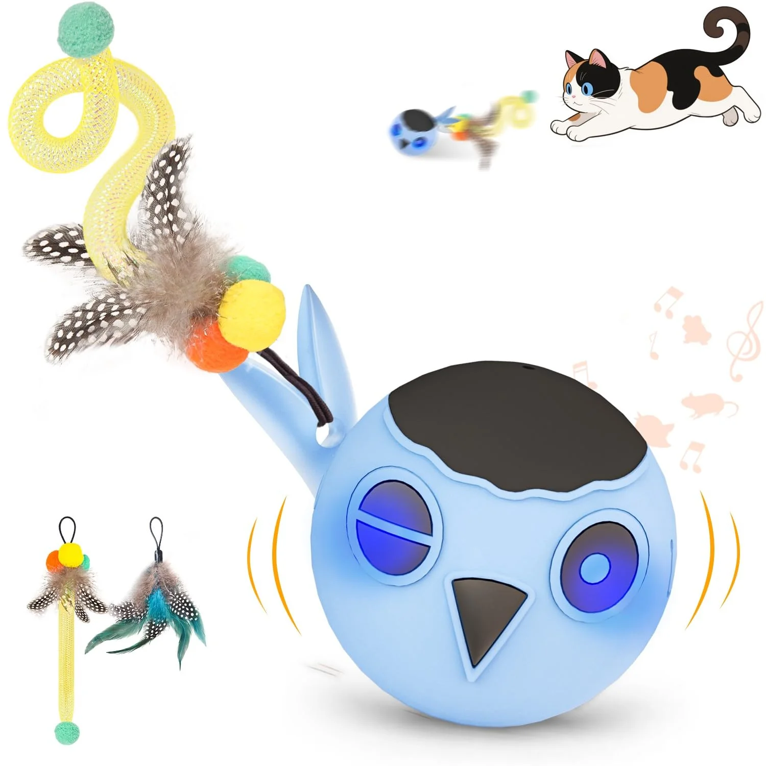 Healthy KiwiLove Cat Toy – Interactive Indoor USB-C Motion-Chirping Ball Blue Artisan