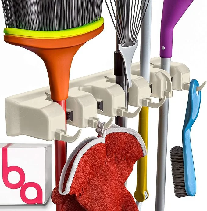 Efficient Broom Holder Wall Mount and Garden Tool Organizer Closet Storage Kitchen Rack Home Organization and Garage Organizer for Rake or Mop Handles Up to 1.25-Inches Hanger Plus 6 Hooks BEIGE 1 PACK About ThisOverview Versatile