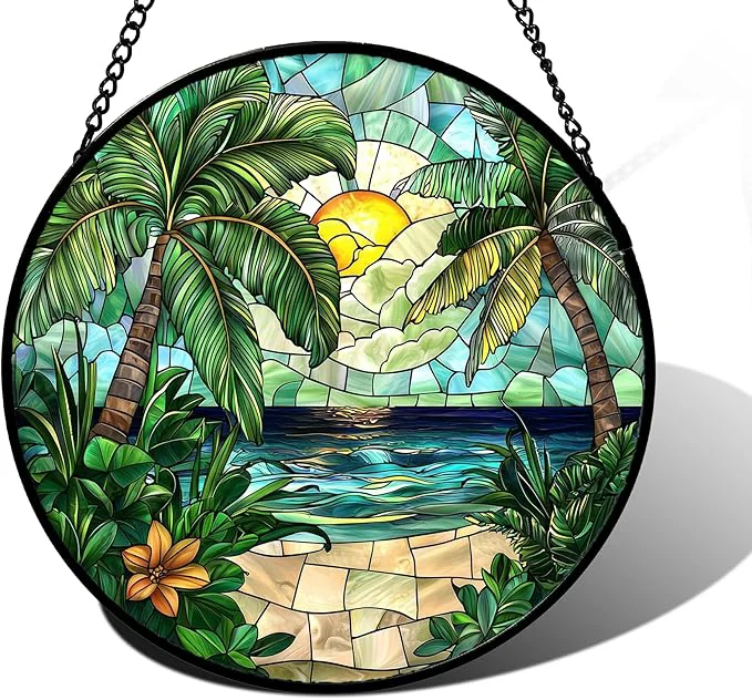 Comfortable Stained Glass Window Hanging Green Beach Scenery Suncatcher Diamond Glass Panel Hangings Sun Catchers Decor for Birthday for Women Men Wife Aunt and Mom 11.8×11.8 inAbout This World-Class