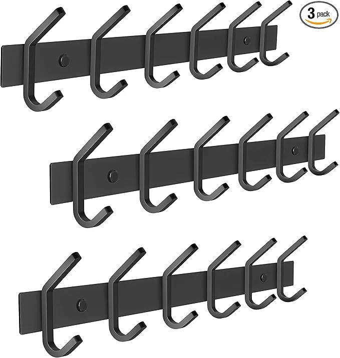 Advanced Matte Black Coat Rack Wall Mount – 17 Inch Stainless Steel Hook Rail with 6 Double Coat Hooks – Wall Mounted Entryway Organizer for Coats Hats Bags Towels Robes Closet or Bathroom – 3 PackAbout ThisOverview Certified