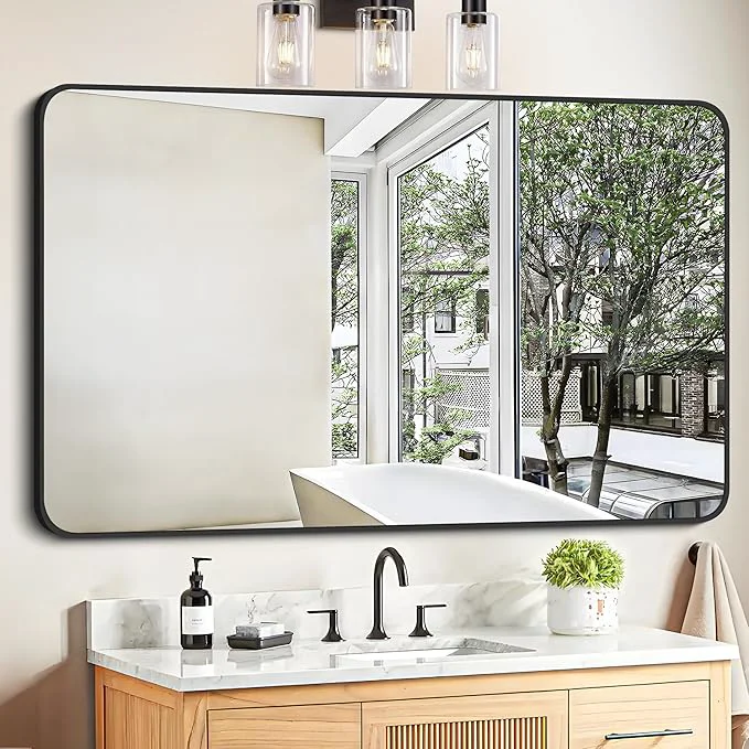 User-Friendly FORBATH Black Bathroom Mirror Rectangular Vanity Mirror 30 x 48 Inch Wall Rounded Corner Metal Framed Bathroom Mirror for Living Room Bedroom Entryway Decor Horizontal Vertical About ThisOverview Artisan