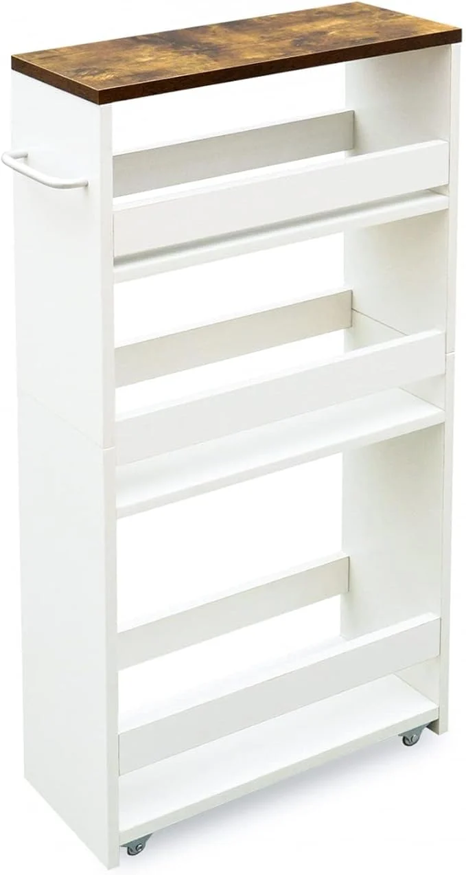 High-End TEAMIX 4 Tier White Slim Storage Cart with Handle Slide Out Storage Rolling Utility Cart Mobile Shelving Unit Organizer Trolley for Small Spaces Kitchen Laundry Narrow PlacesAbout ThisOverview Modern