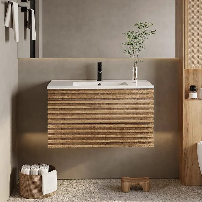 Smooth eclife 36 Floating Bathroom Vanity with Sink Combo Mid-Century Wall Mounted Cabinet with Wood Stripes Decor Drawers Undermount Sink Faucet Drain Light WalnutAbout ThisOverview Contemporary