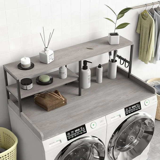Crafted Washer and Dryer Countertop with Shelf 2-Tier 54 x 27.5 Wood Laundry Countertop Washer Dryer Topper with High Edge Rails and Hooks Non-Slip Pads Waterproof Heat Resistant Top Gray About ThisOverview Long-Lasting