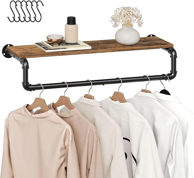 Safe Pipe Clothes Rack 31.5 in Wall Mounted Garment Rack with Top Shelf Industrial Clothing Rack with Hanging Rod Heavy Duty Detachable Space Saver Hanging Clothes Rack Rustic Brown FS08BRY1About ThisOverview Green