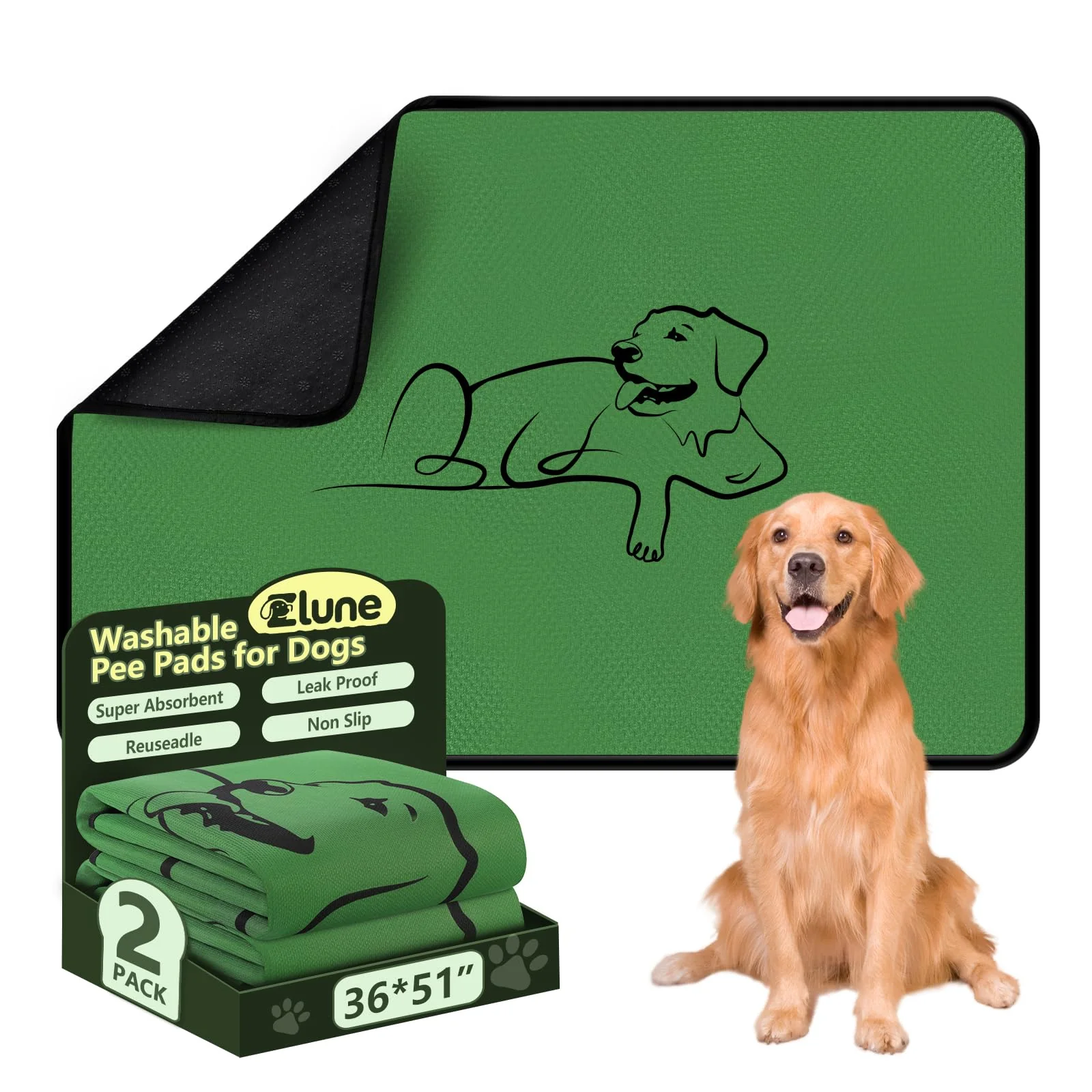 Quality Zlune Washable Puppy Pads 2-Pack 36×51 — Reusable Absorbent Non-Slip Leak-Proof for Dogs Green Authentic