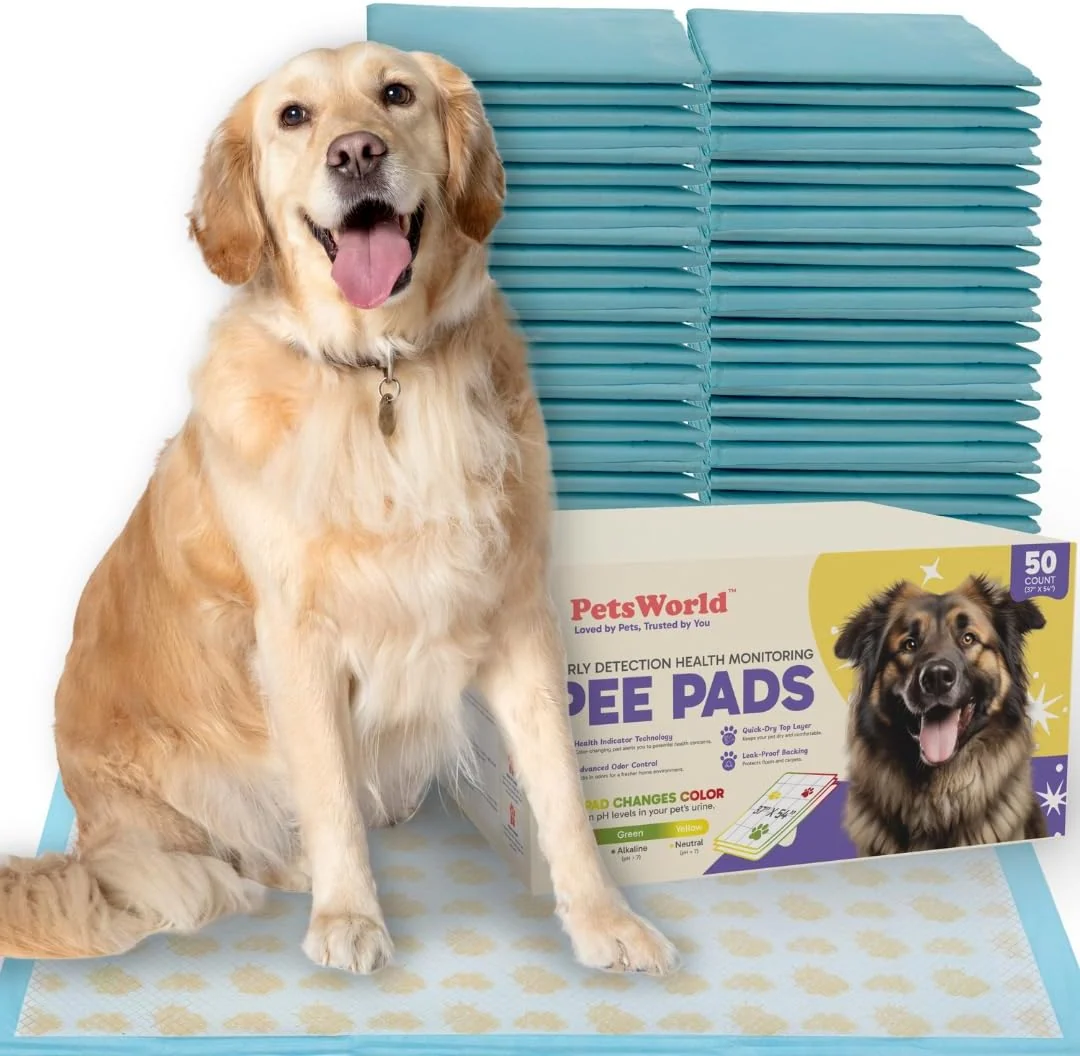 World-Class PETSWORLD Health Monitoring Dog Pee Pads – 37×54 Inch 50 Count 3XL Color-Changing Potty Pads Detects Health Issues Leak-Proof Ultra Absorbent Odor Control Minimalist