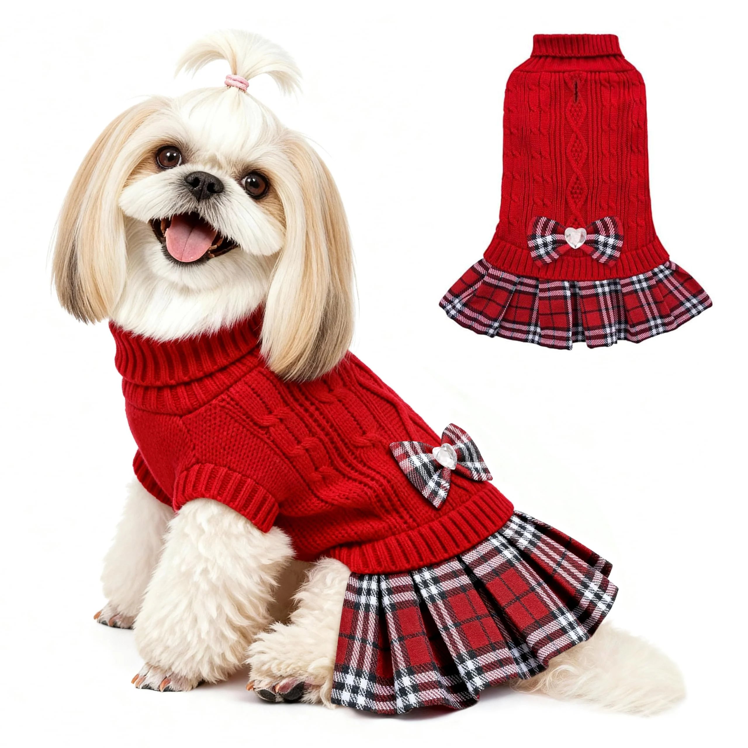 Eco-Friendly YUDODO Small Dog Sweater Dress with Bowtie Red – Knit Turtleneck Winter Outfit for Tiny Breeds Size S Breathable