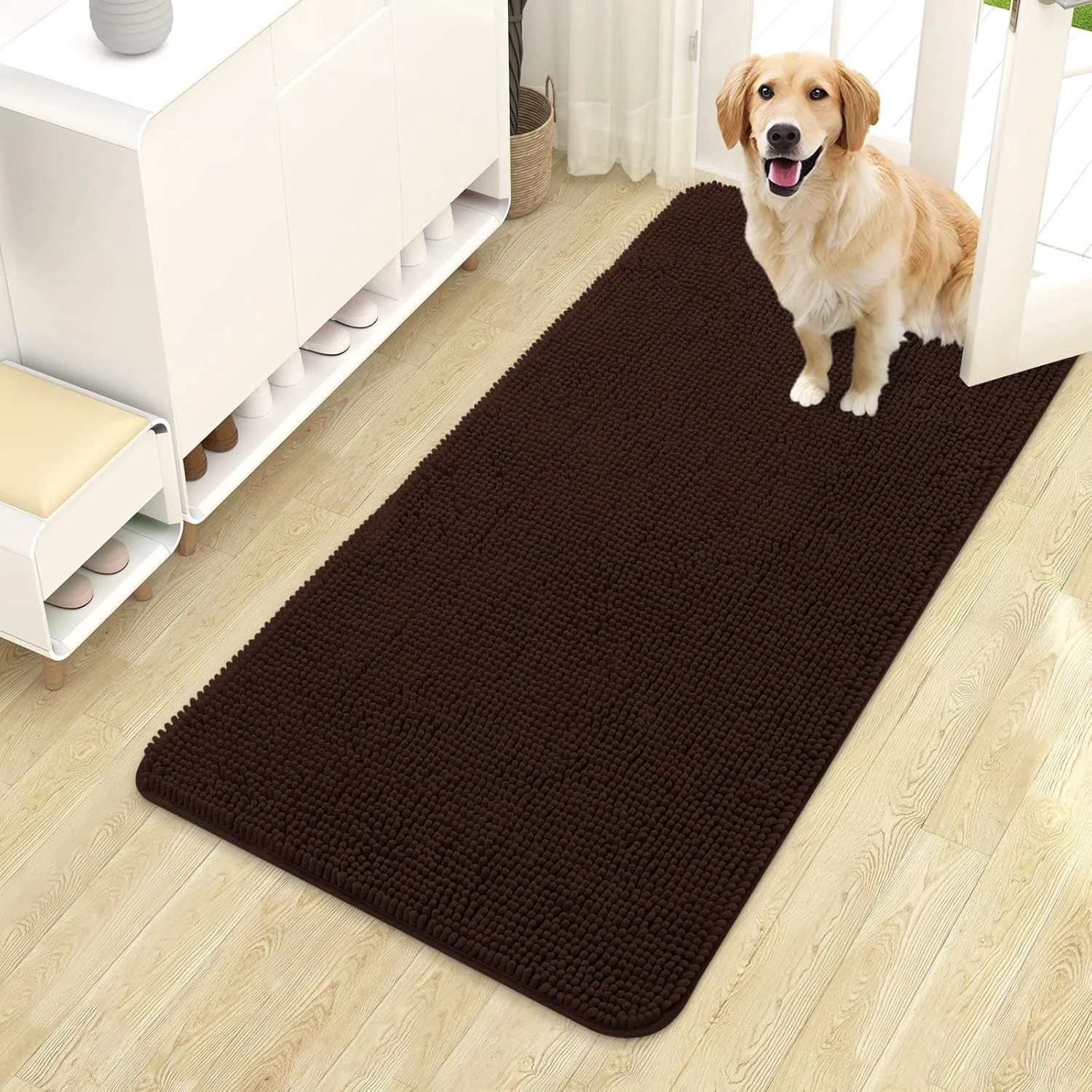 Powerful OLANLY Dog Door Mat for Muddy Paws 44×24 Absorbs Moisture and Dirt Absorbent Non-Slip Washable Doormat Quick Dry Chenille Mud Mat for Dogs Entry Indoor Entryway Carpet for Inside Floor Brown Fast