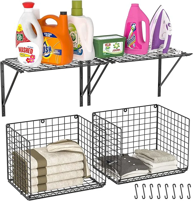 Specialty 2 Pack Laundry Room Shelves Wire Baskets with 8 Hooks Over Washer and Dryer Shelf Wall Mounted Storage and Clothes Drying Rack BlackAbout ThisOverview Proven