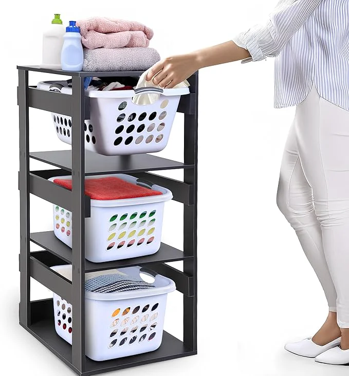 First-Class Laundry Basket Holder Shelf 3-Tier – Stackable Engineered Wood Laundry Tower Tiered Laundry Hamper Organizer for Bathroom Bedroom Laundry RoomAbout ThisOverview Versatile