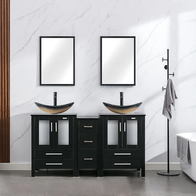 Smart eclife 60 Modern Bathroom Vanity Sink Combo standing Cabinet with Small Side Cabinet Champagne Boat Glass Vessel Sink Water Save Faucet Drain Black A29CH About ThisOverview Soft